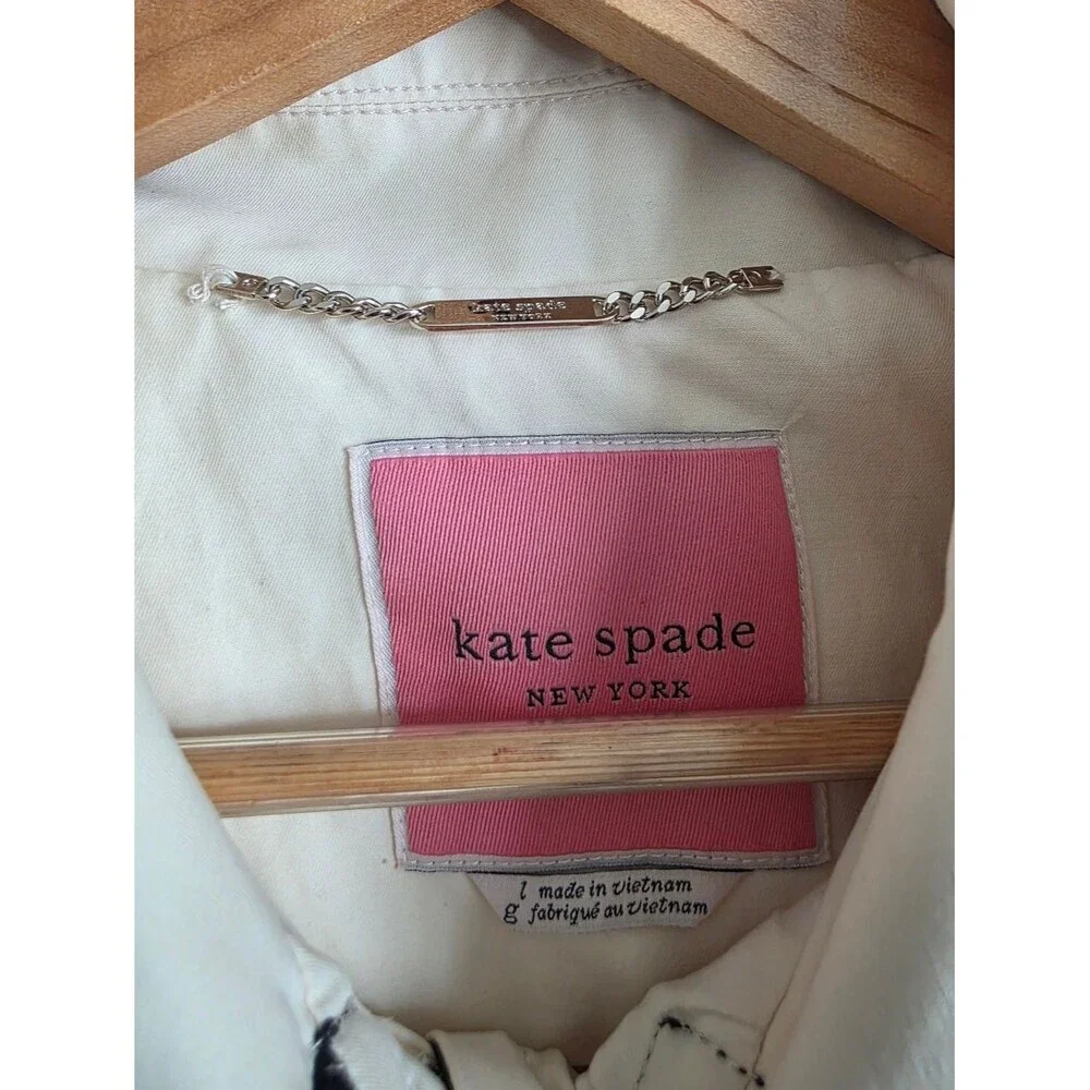 Kate Spade Single Breasted Pale Yellow & Navy Blue Hooded Trench Coat Sz L